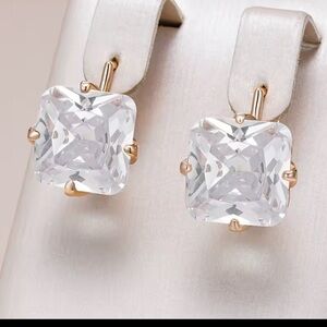 585/14k Classic Square White Topaz Drop Earrings in Clear with Rose Gold Setting